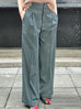 Green Stripe Crease Front Wide-Leg Trousers w/Removable Silky Sash