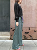 Green Stripe Crease Front Wide-Leg Trousers w/Removable Silky Sash