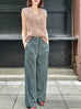 Green Stripe Crease Front Wide-Leg Trousers w/Removable Silky Sash