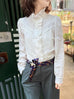 Patch Lace Ruffled Placket Stand Collar Shirt