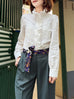 Patch Lace Ruffled Placket Stand Collar Shirt