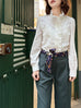 Patch Lace Ruffled Placket Stand Collar Shirt