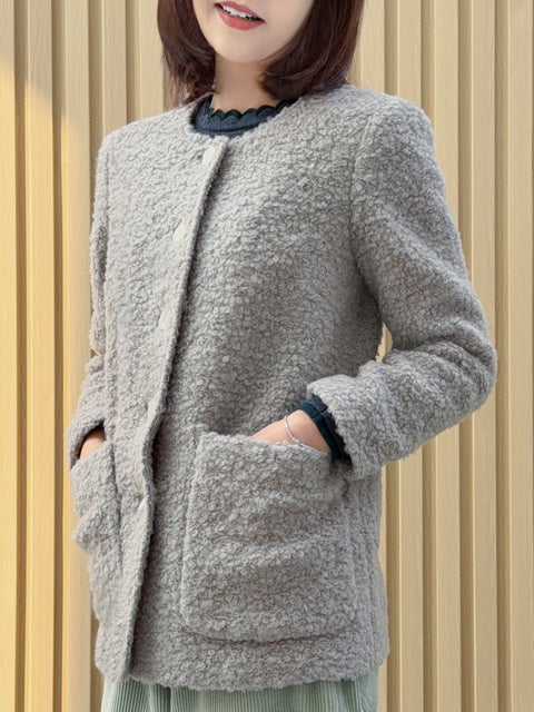 Oatmeal Button Front Collarless Mid-length Woollen Jacket