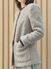 Oatmeal Button Front Collarless Mid-length Woollen Jacket