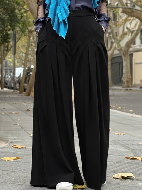 Black Origami Pleated Front Wide-Leg Dress Trousers