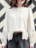 White Stand Collar Ruffled Raw Hem Statement Blouse