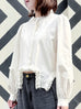 White Stand Collar Ruffled Raw Hem Statement Blouse