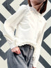 White Stand Collar Ruffled Raw Hem Statement Blouse