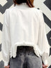 White Stand Collar Ruffled Raw Hem Statement Blouse