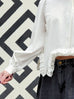 White Stand Collar Ruffled Raw Hem Statement Blouse