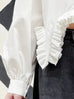 White Stand Collar Ruffled Raw Hem Statement Blouse