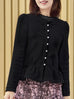 Black Pure Wool Ruffle Hem Pearly Buttons Lightweight Coat