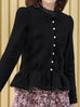 Black Pure Wool Ruffle Hem Pearly Buttons Lightweight Coat