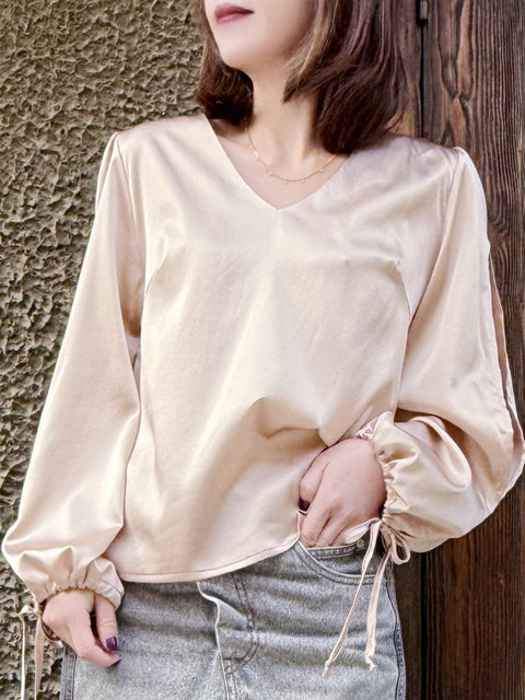 Light Beige Slit Sleeve Tie Cuffs V-neck Silky Blouse