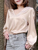 Light Beige Slit Sleeve Tie Cuffs V-neck Silky Blouse