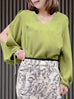 Pear Green Slit Sleeve Tie Cuffs V-neck Silky Blouse