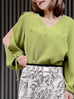 Pear Green Slit Sleeve Tie Cuffs V-neck Silky Blouse