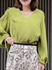 Pear Green Slit Sleeve Tie Cuffs V-neck Silky Blouse