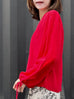 Racing Red Slit Sleeve Tie Cuffs V-neck Silky Blouse