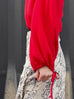 Racing Red Slit Sleeve Tie Cuffs V-neck Silky Blouse