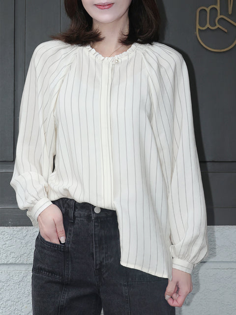 Classic Stripe Ruffle Collar Balloon Raglan Sleeve Silky Blouse