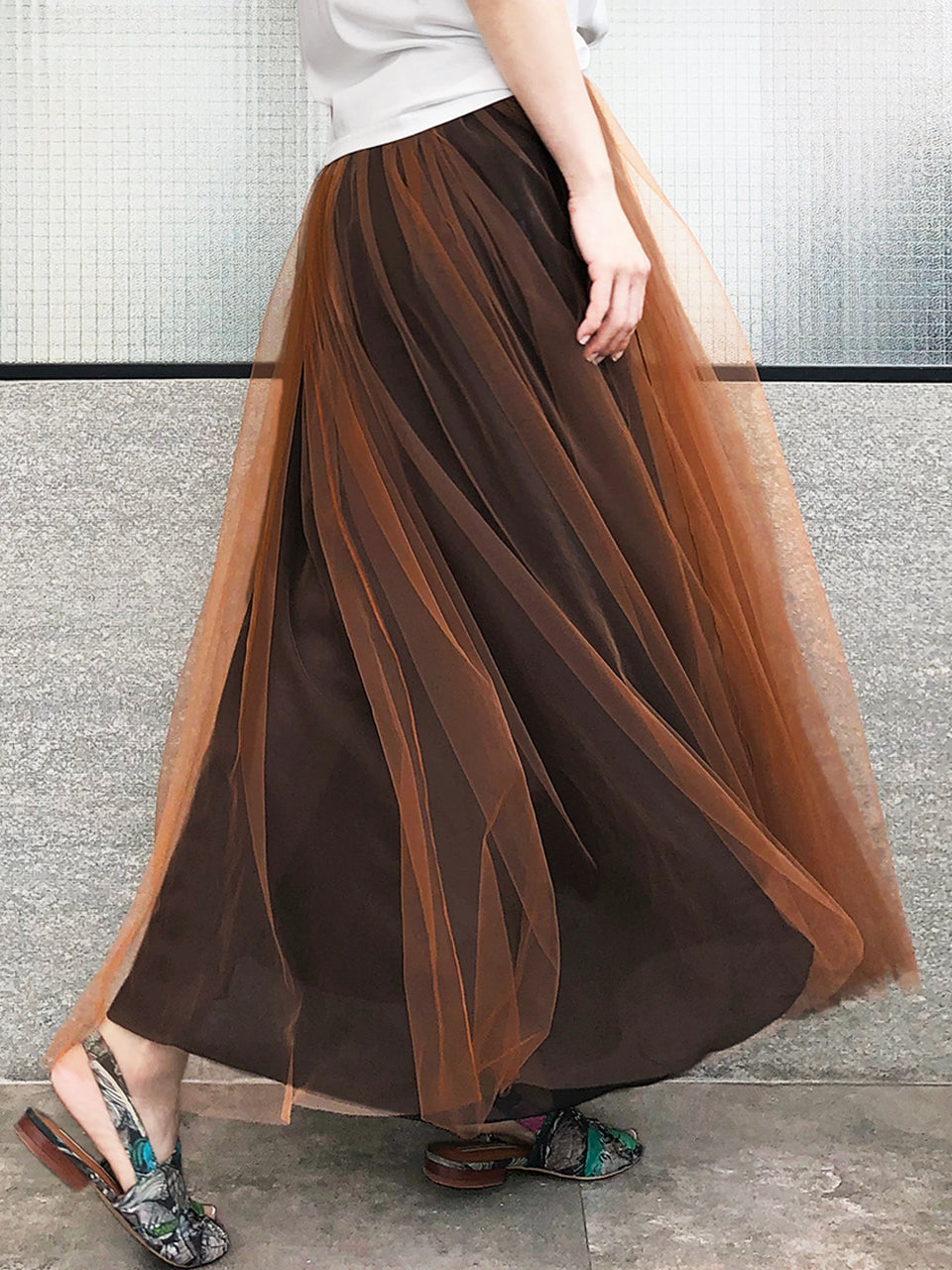 Surprise Sale Caramel Brownish Shades Tonal Layer Tulle Chiffon Maxi Skirt