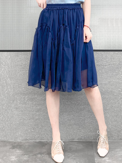 Surprise Sale! Royal Blue Knee Length A-Line Silky Ruffle Skirt